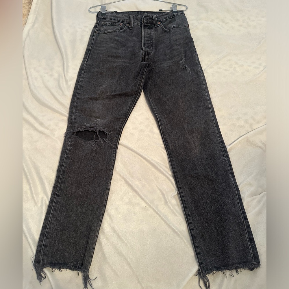 LEVIS Premium 501S Black Jean Women’s 26x26 Distress Denim Fray Ankle Button Fly